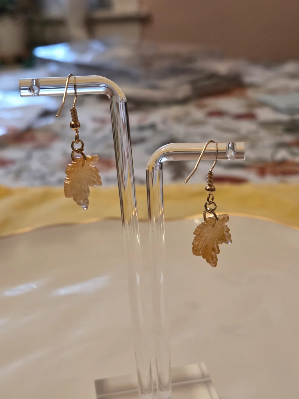 Autumn Maple Leaf Drop Earrings- Amber/ Yellow Resin- NWT